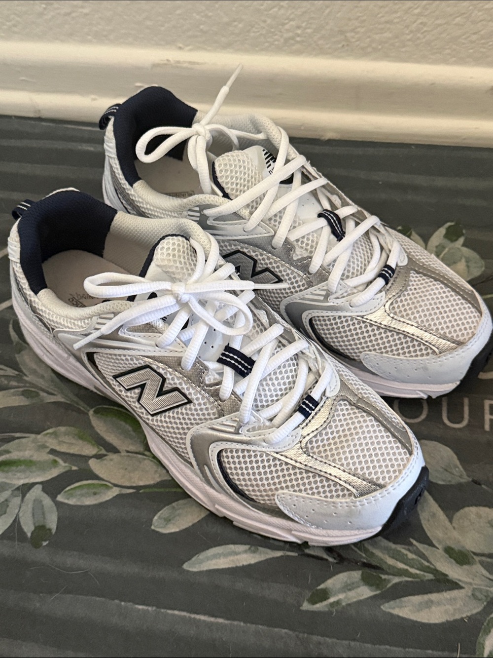 New Balance White and Silver Athletic Sneakers with Navy Accents